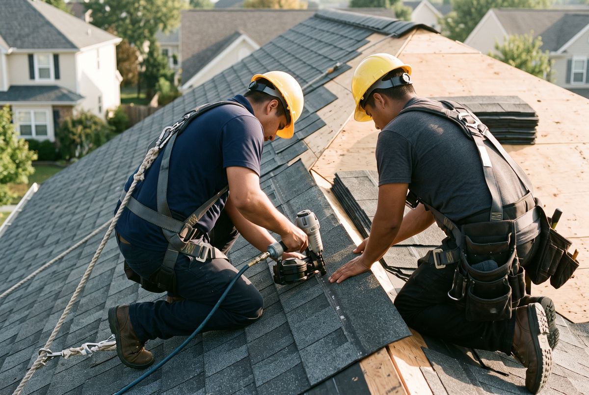 Two roofers in harnesses setting a course of architectural shingles