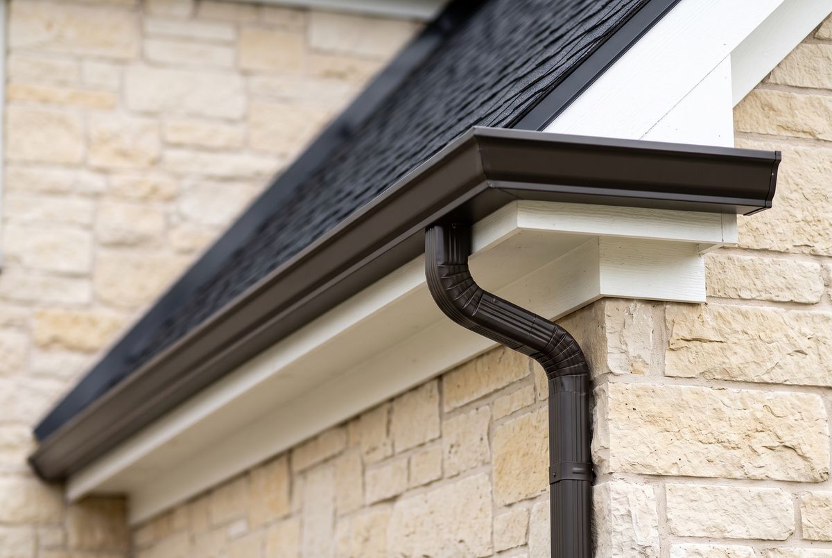 New seamless dark bronze K-style gutter and downspout on a limestone home