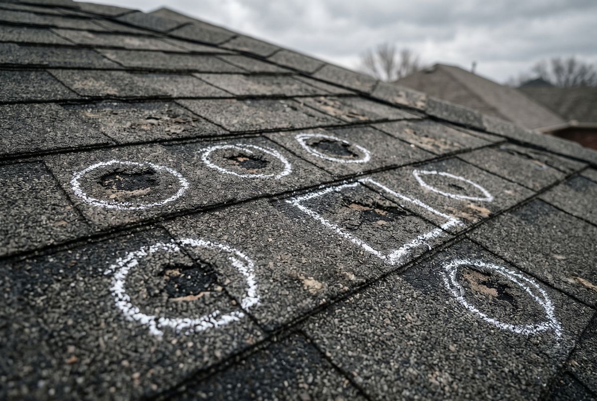 Hail impact marks circled in chalk on charcoal asphalt shingles