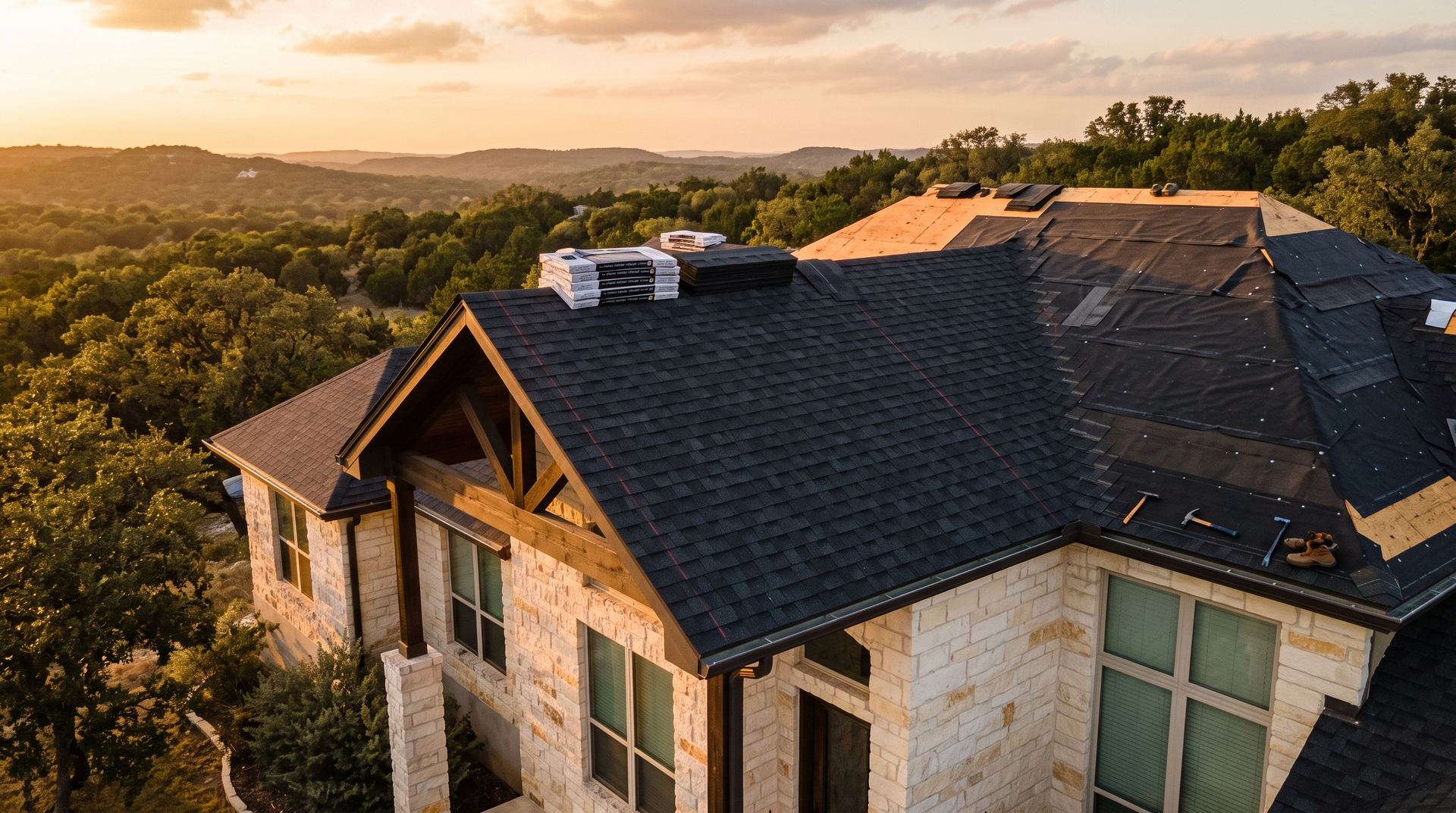 A new charcoal shingle roof being finished on a Texas Hill Country limestone home at golden hour