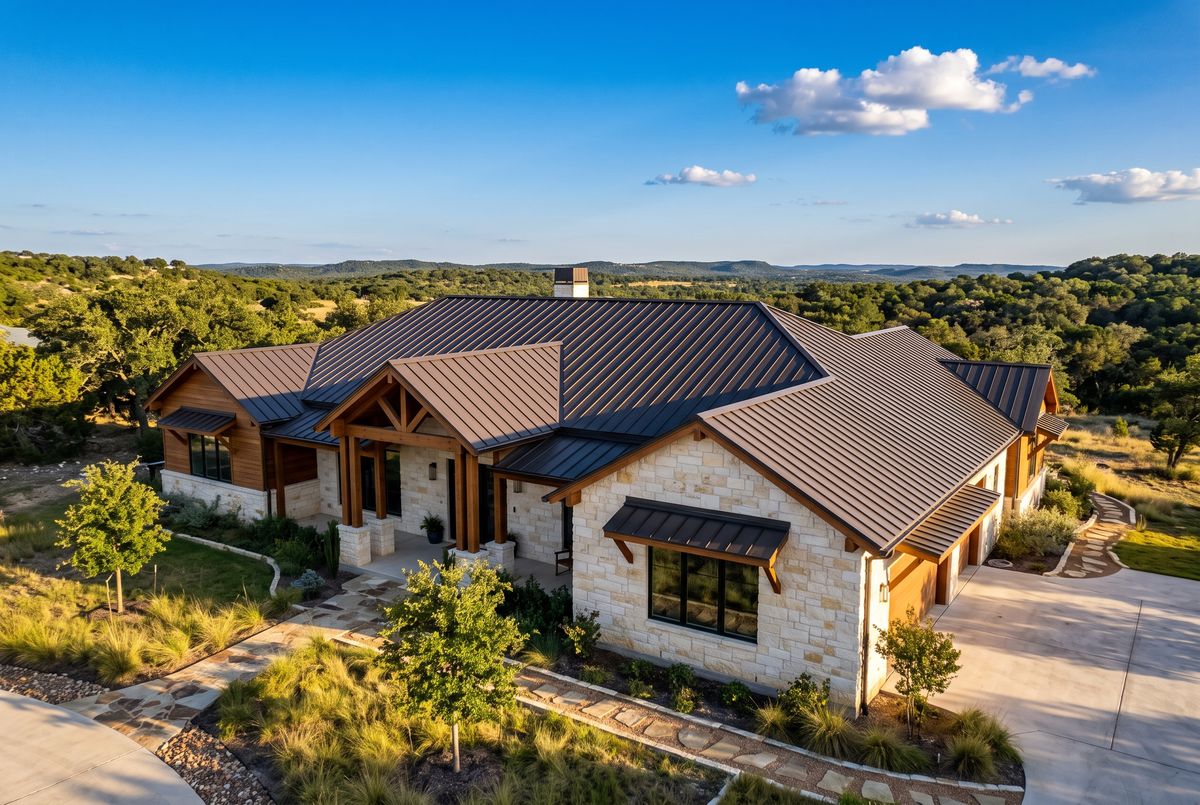 Finished dark bronze standing seam metal roof on a Hill Country ranch home